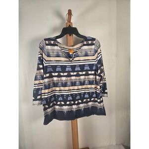 Ruby Rd. Petite Womens PXL Blue Ikat Geometric Beaded Split Neck 3/4 Sleeve Top